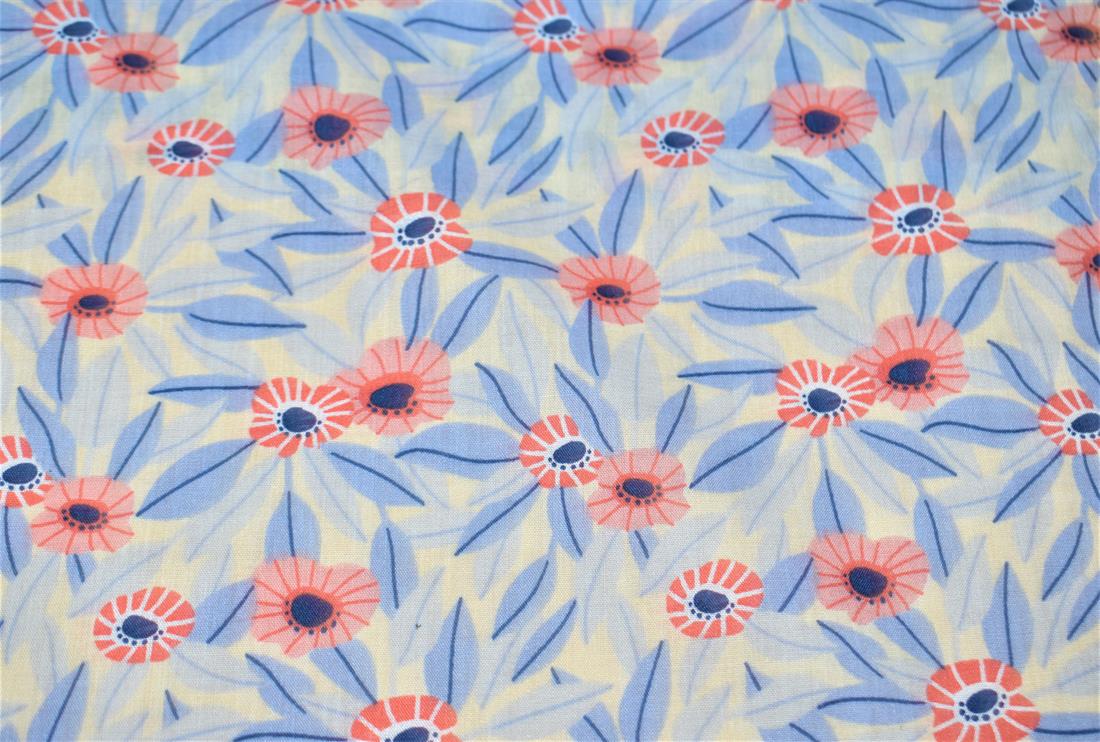 Blue Leaf Poppy Polycotton Beautiful Printed Fabric