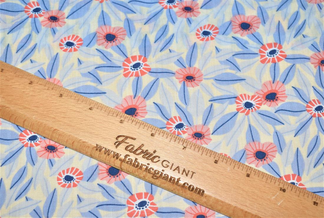 Blue Leaf Poppy Polycotton Beautiful Printed Fabric