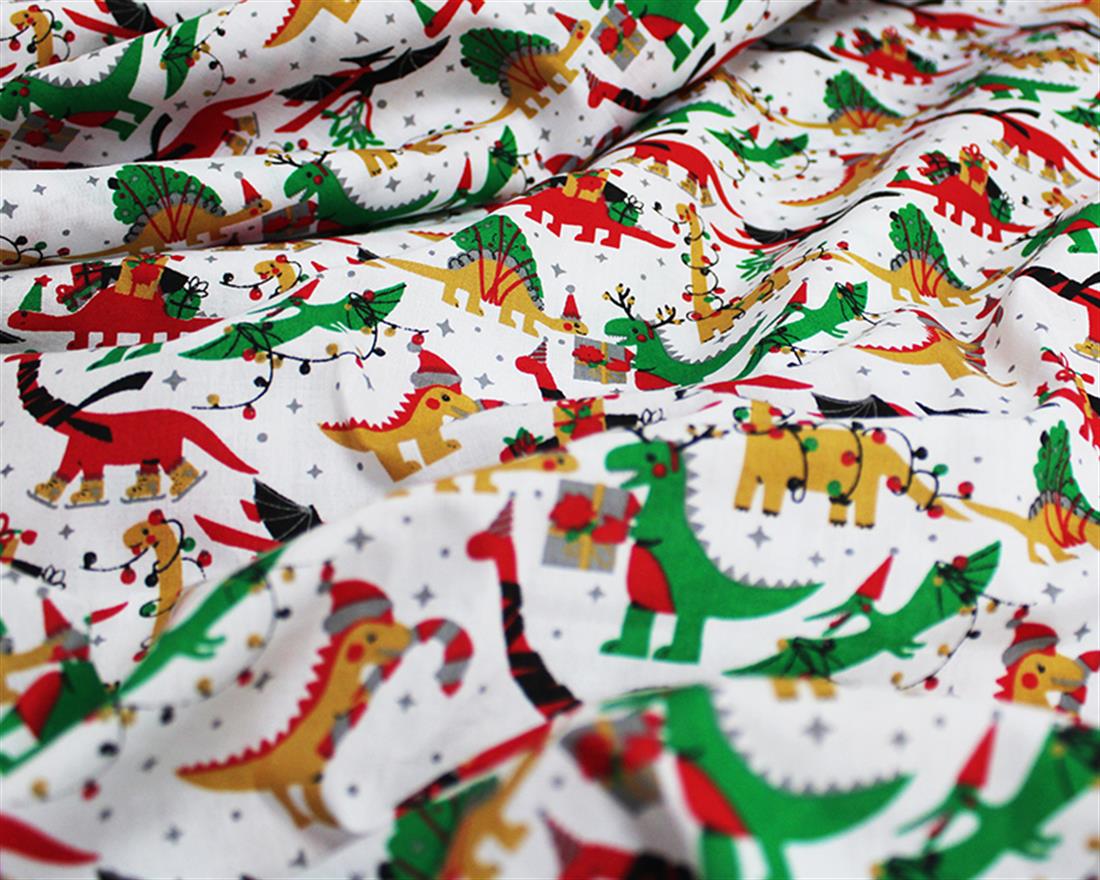 Christmas Dinos Polycotton Deck the Halls with Roars and Jolly!