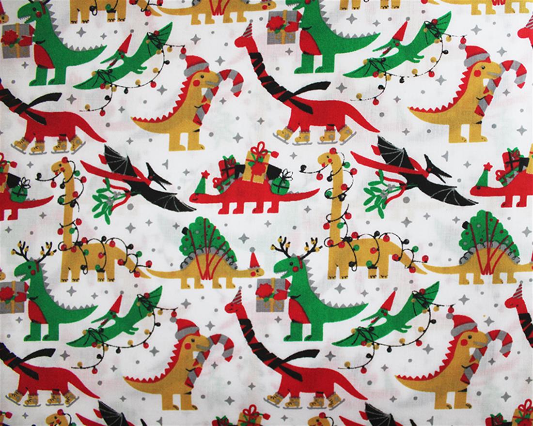 Christmas Dinos Polycotton Deck the Halls with Roars and Jolly!
