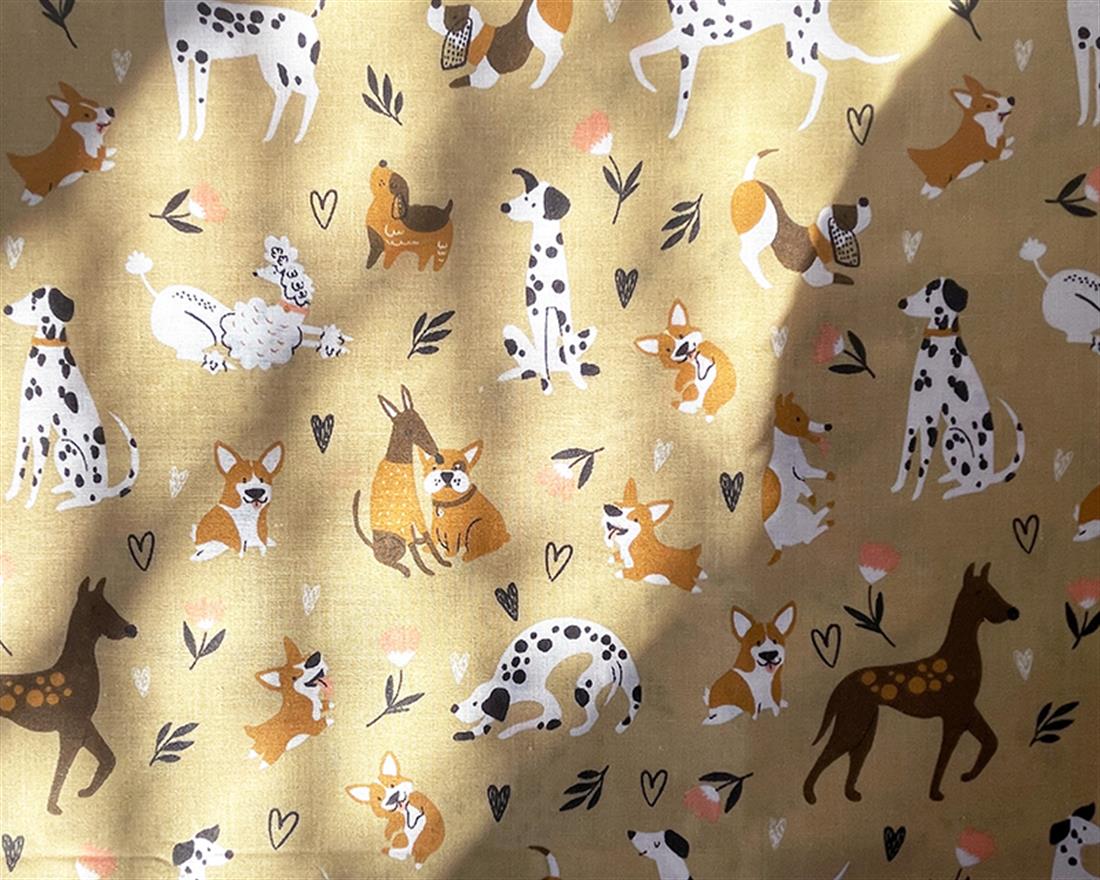 Dogs Daisies Polycotton Printed Fabric