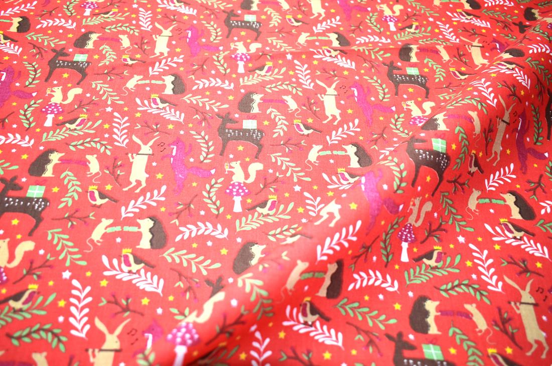 Red Christmas Printed Poly Cotton Fabric