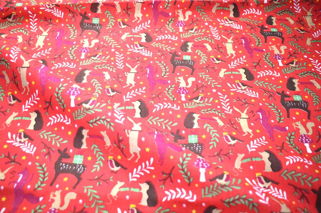Red Christmas Printed Poly Cotton Fabric