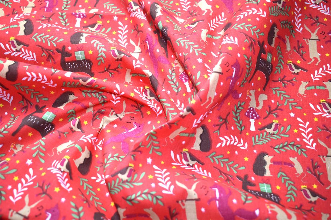Red Christmas Printed Poly Cotton Fabric
