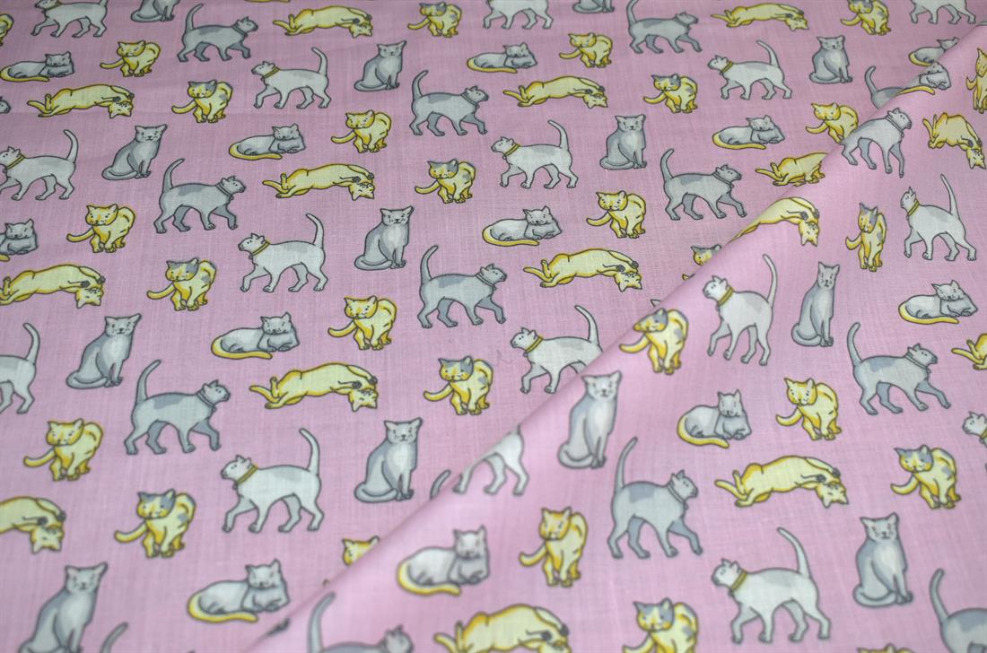Pink Cats Printed Polycotton Fabric