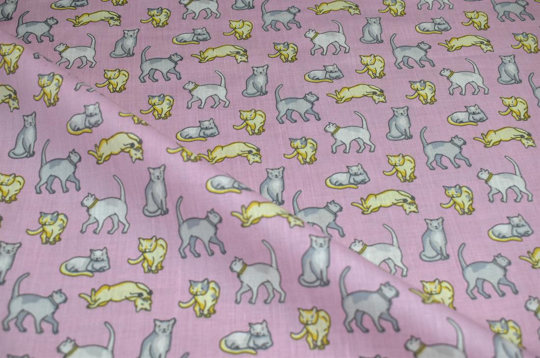 Pink Cats Printed Polycotton Fabric