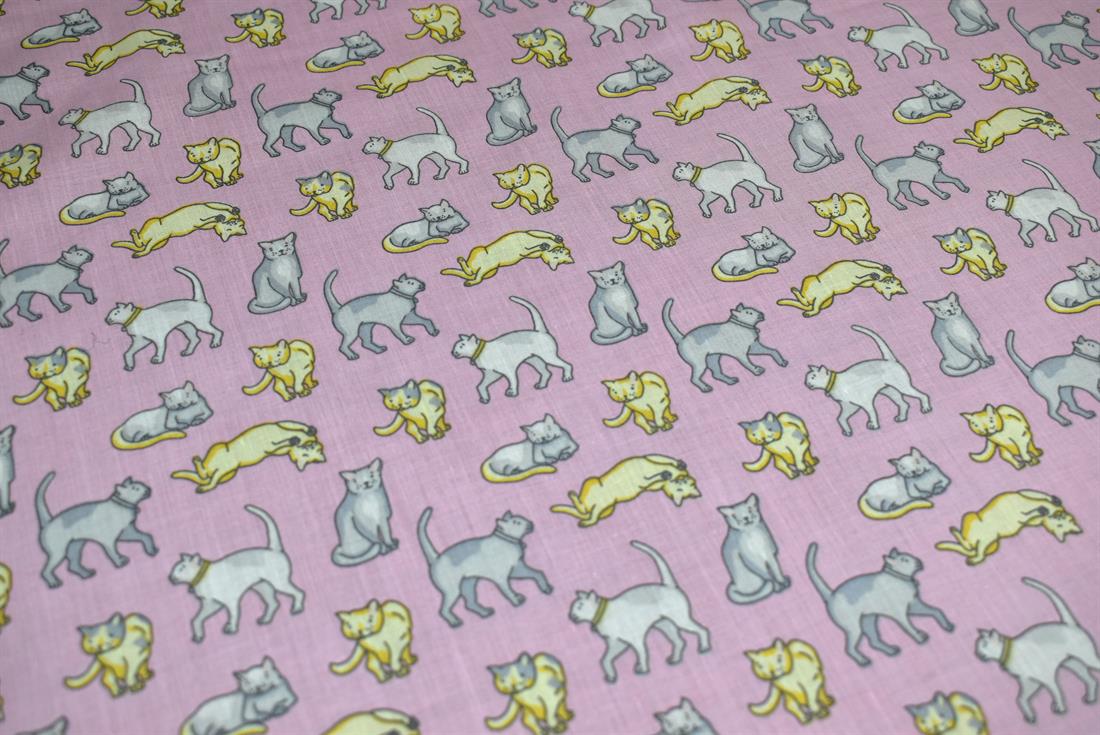 Pink Cats Printed Polycotton Fabric