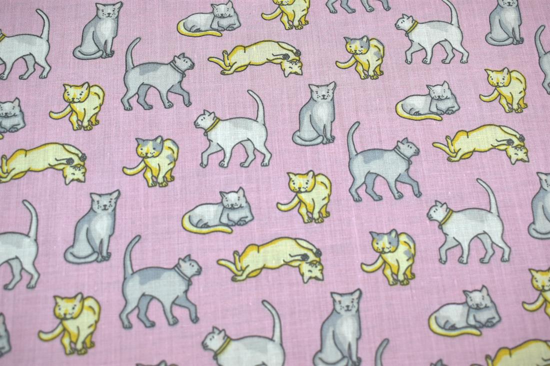 Pink Cats Printed Polycotton Fabric