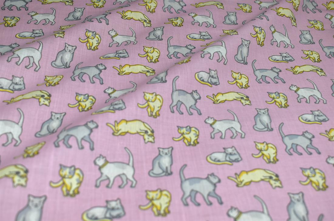 Pink Cats Printed Polycotton Fabric
