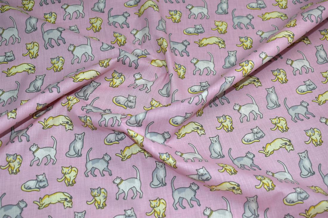 Pink Cats Printed Polycotton Fabric