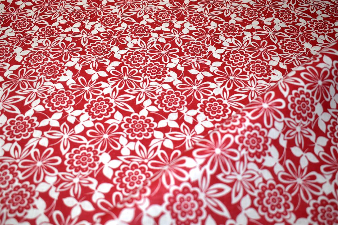 Red & White Printed Floral Polycotton Fabric
