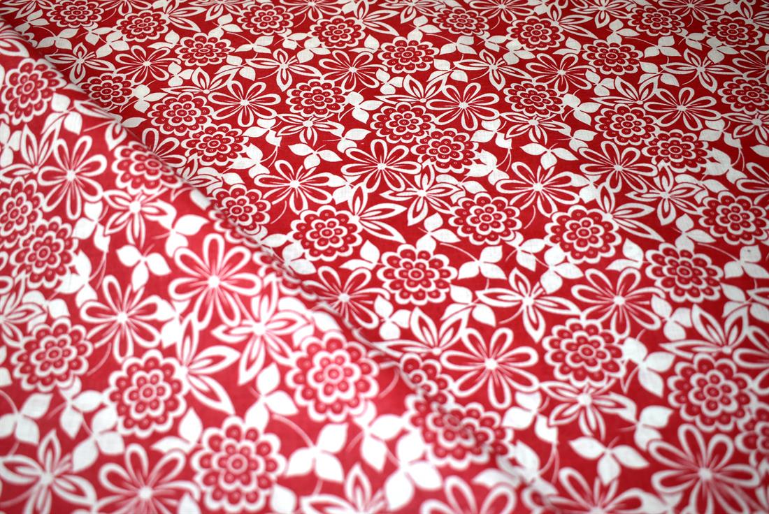 Red & White Printed Floral Polycotton Fabric