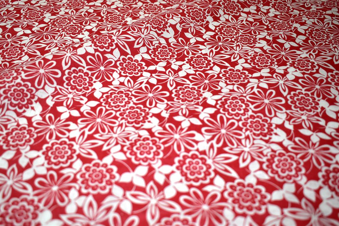Red & White Printed Floral Polycotton Fabric