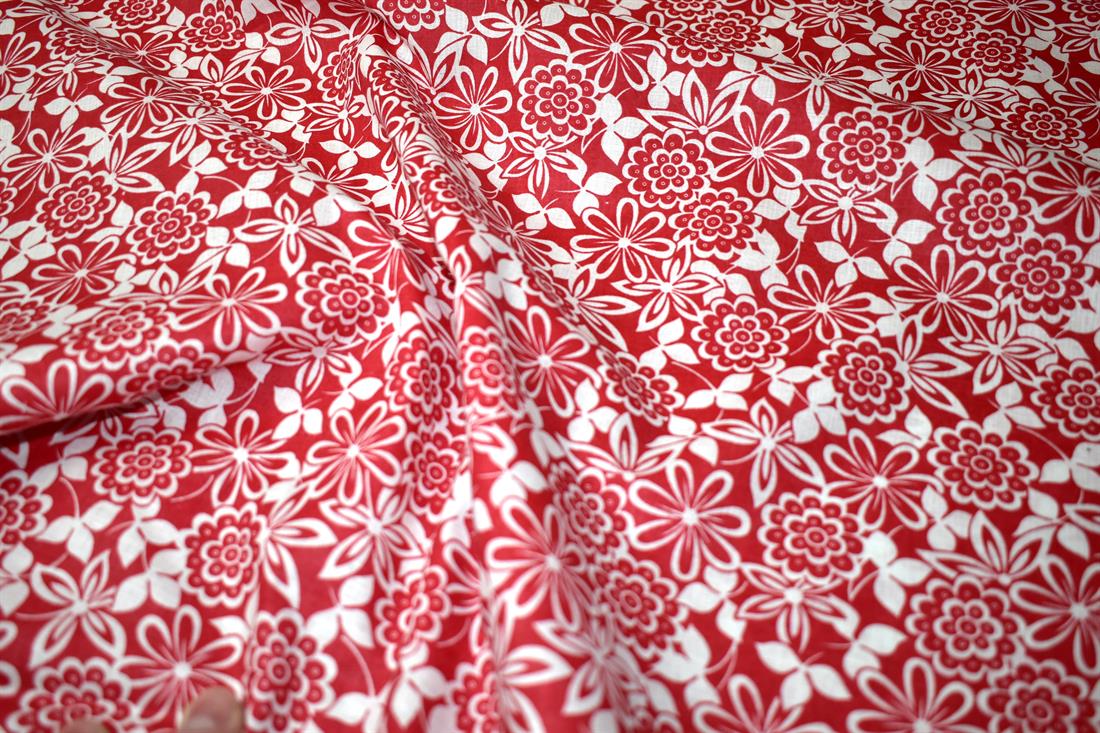Red & White Printed Floral Polycotton Fabric