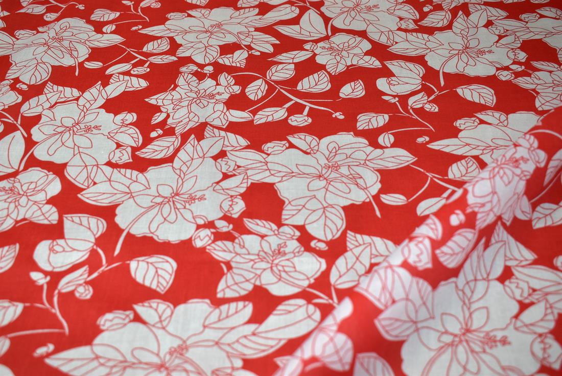 Red & White Printed Floral Polycotton Fabric