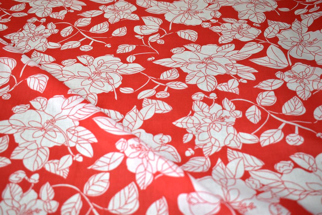 Red & White Printed Floral Polycotton Fabric