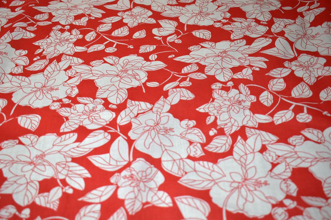Red & White Printed Floral Polycotton Fabric