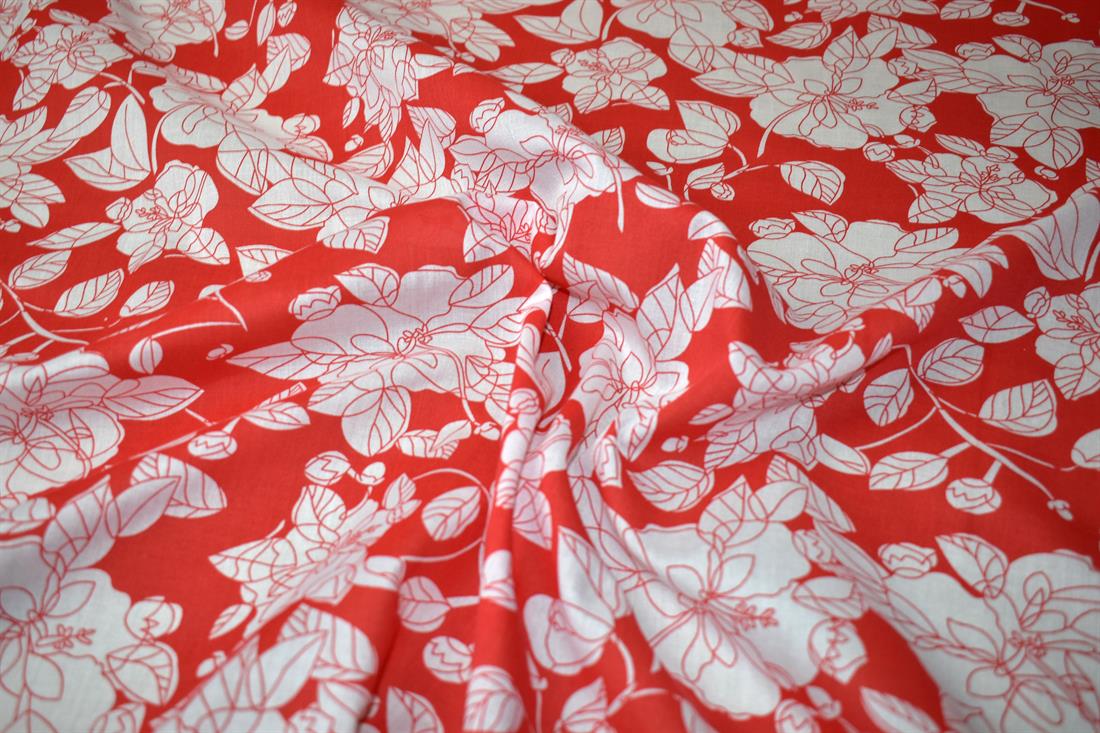 Red & White Printed Floral Polycotton Fabric