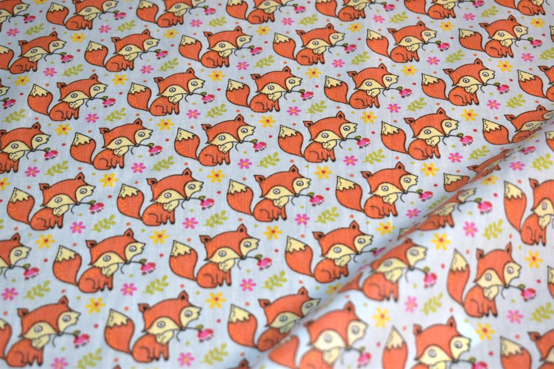 Light Grey Foxes Polycotton Printed Fabric