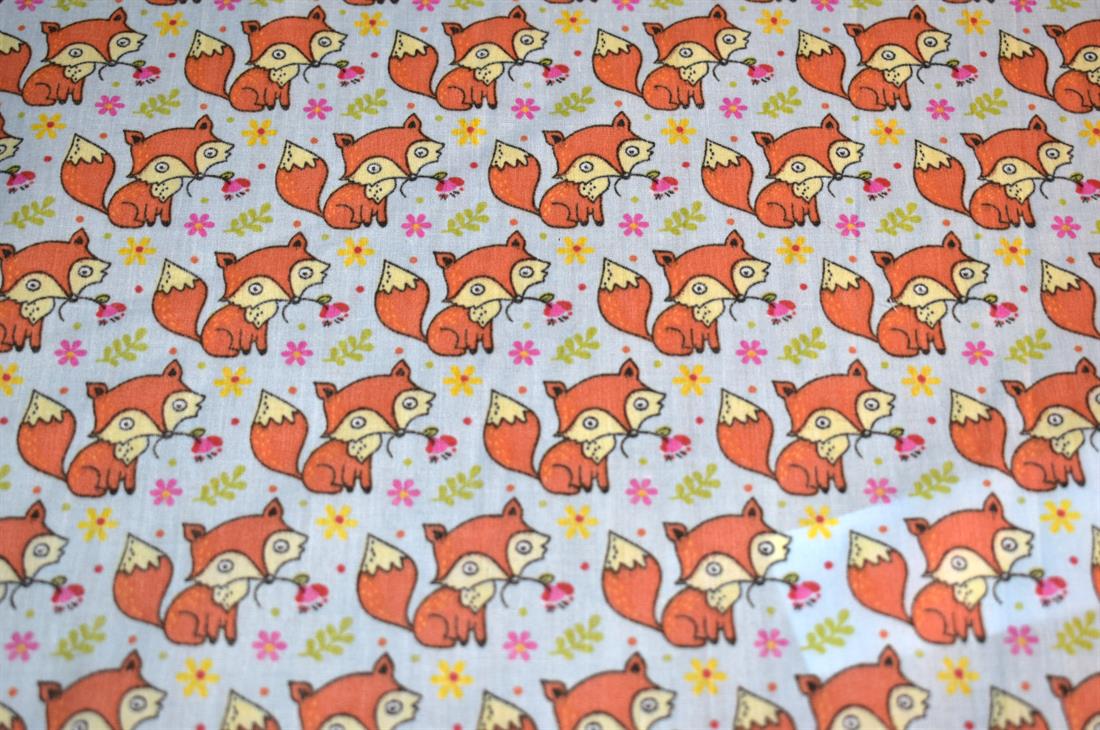 Light Grey Foxes Polycotton Printed Fabric