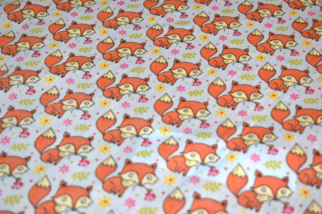 Light Grey Foxes Polycotton Printed Fabric