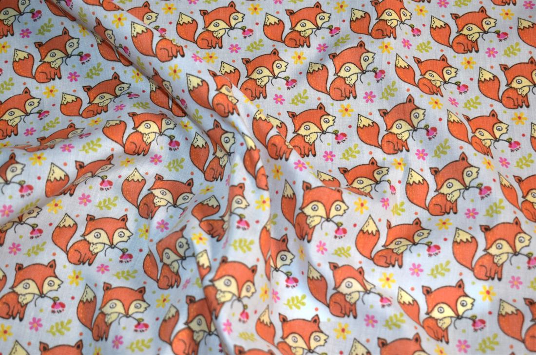 Light Grey Foxes Polycotton Printed Fabric
