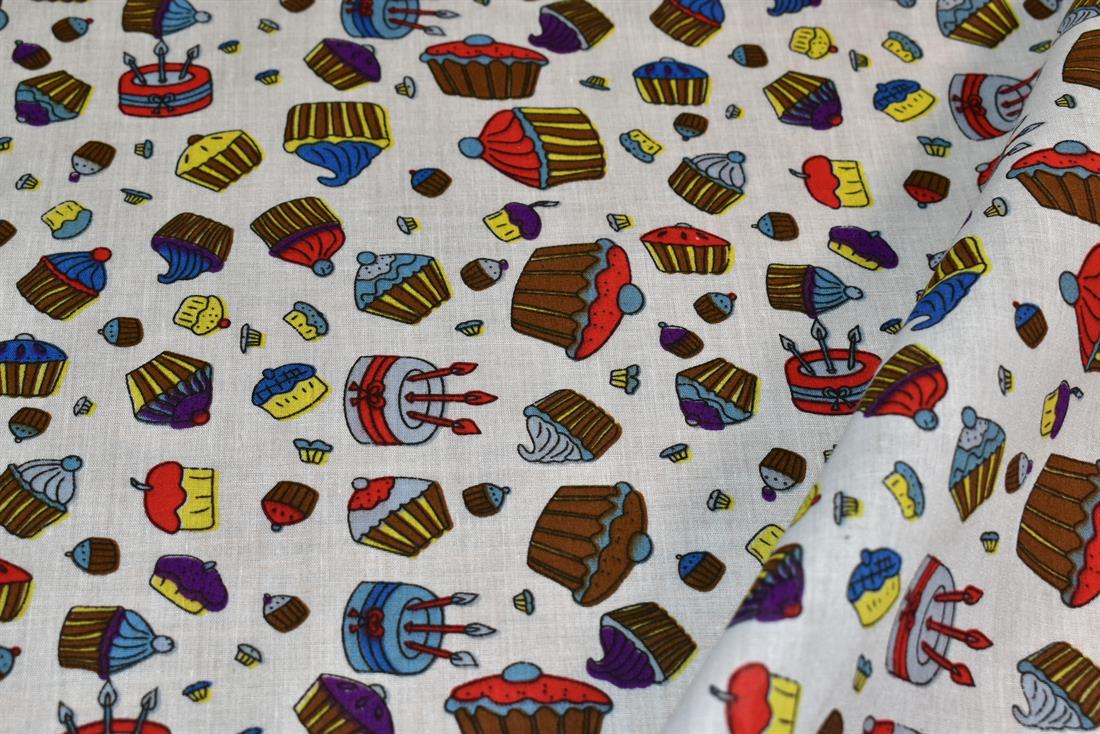 White Cup Cake Printed Polycotton Fabric