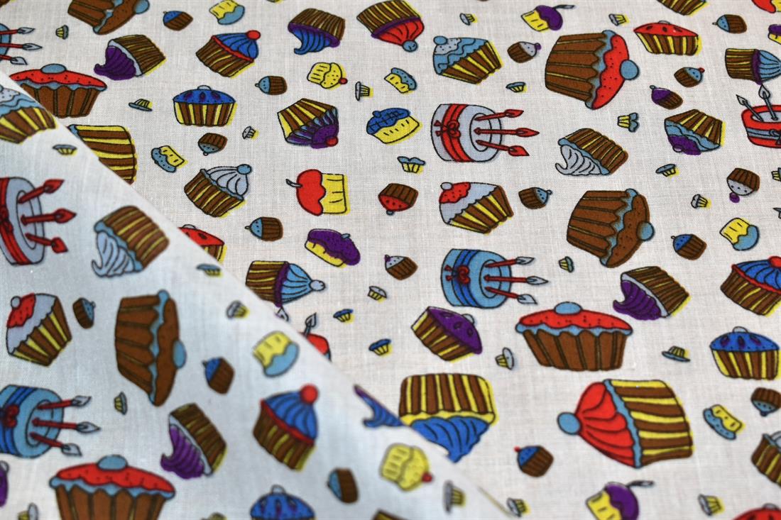 White Cup Cake Printed Polycotton Fabric