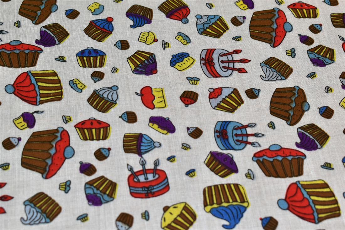 White Cup Cake Printed Polycotton Fabric
