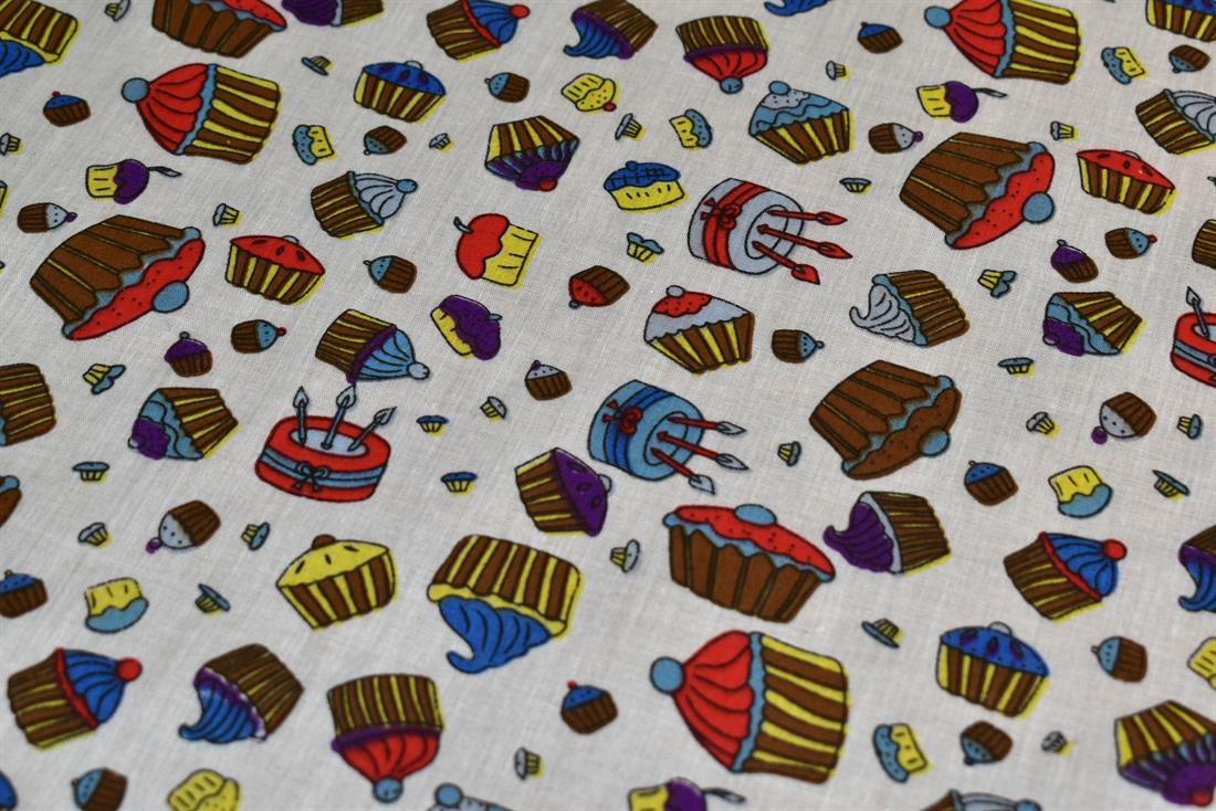 White Cup Cake Printed Polycotton Fabric