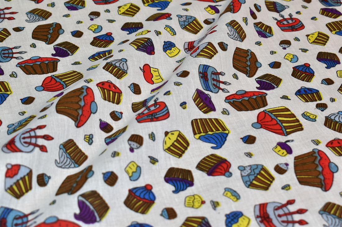 White Cup Cake Printed Polycotton Fabric