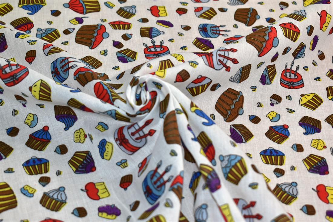 White Cup Cake Printed Polycotton Fabric