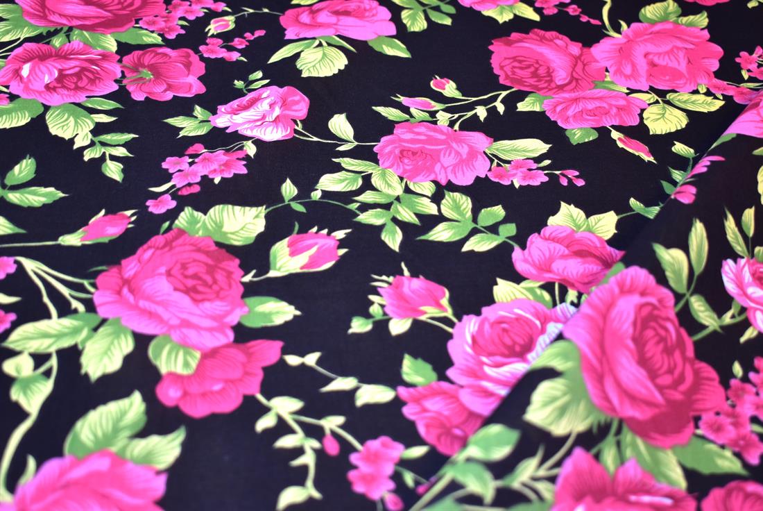 Black & Pink Printed Floral Polycotton Fabric