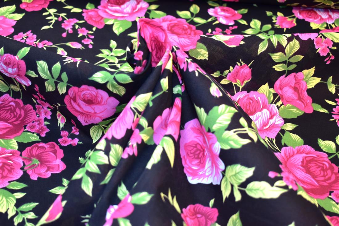 Black & Pink Printed Floral Polycotton Fabric