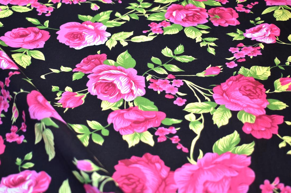 Black & Pink Printed Floral Polycotton Fabric