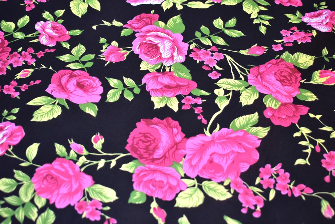 Black & Pink Printed Floral Polycotton Fabric