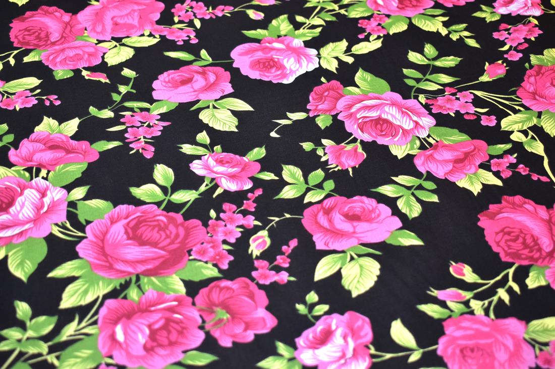 Black & Pink Printed Floral Polycotton Fabric