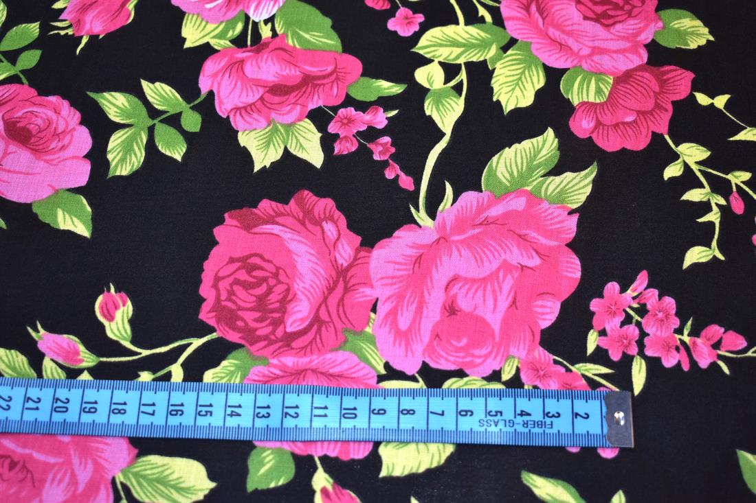 Black & Pink Printed Floral Polycotton Fabric
