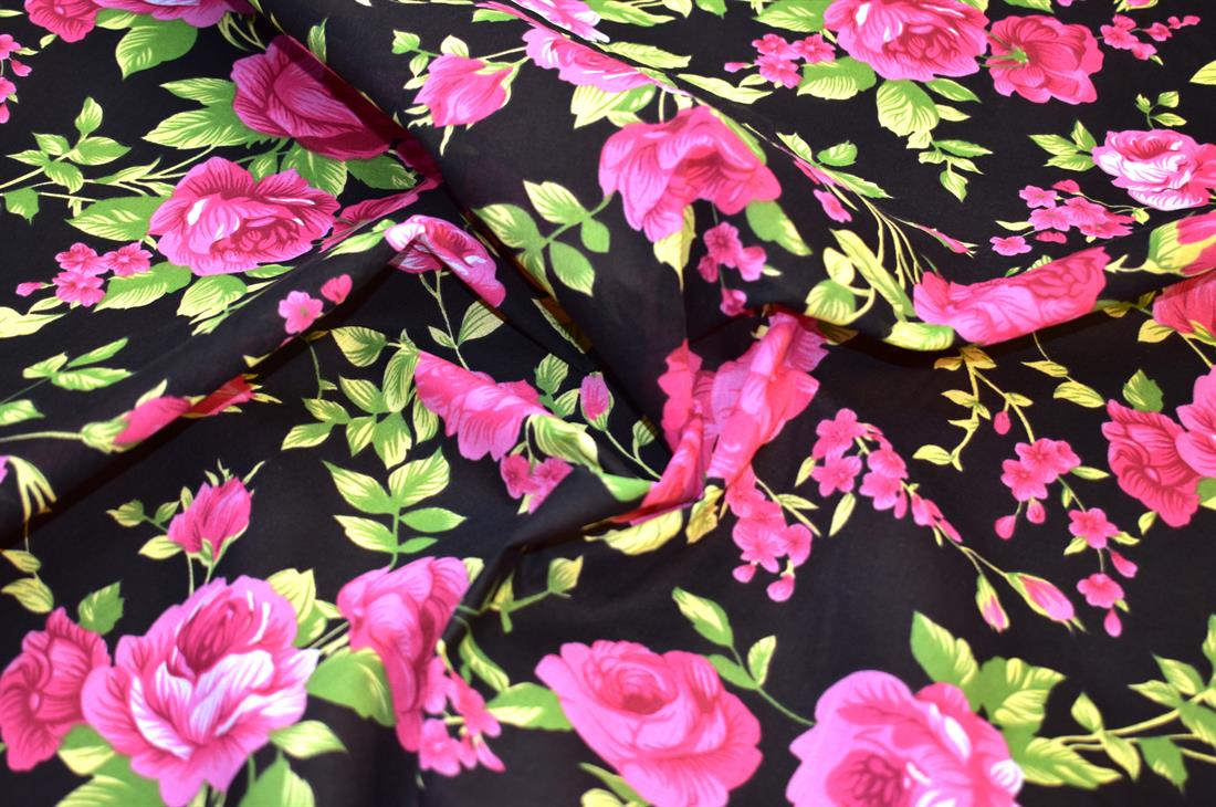 Black & Pink Printed Floral Polycotton Fabric