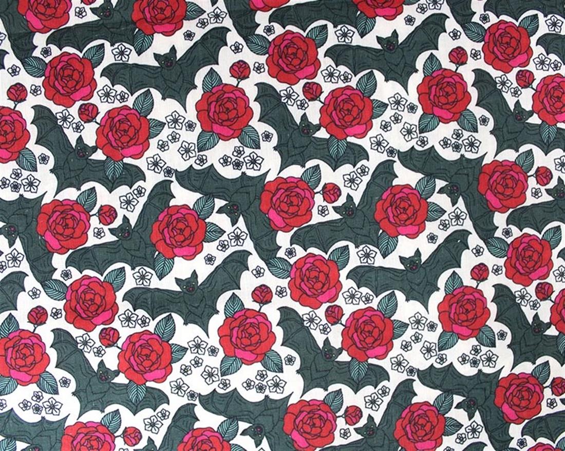 White MP Digital Halloween Polycotton Bats & Roses Mixing Polyester…