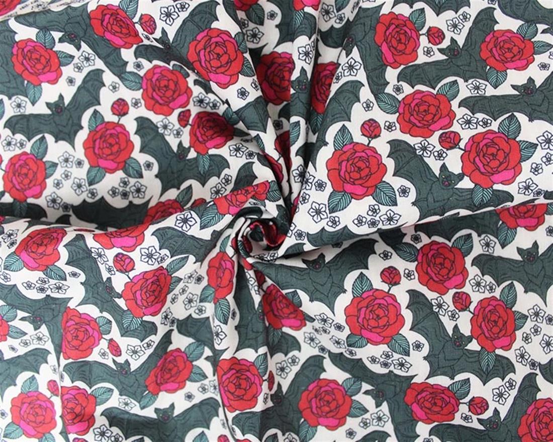 White MP Digital Halloween Polycotton Bats & Roses Mixing Polyester…