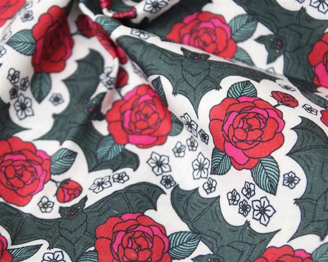 White MP Digital Halloween Polycotton Bats & Roses Mixing Polyester…