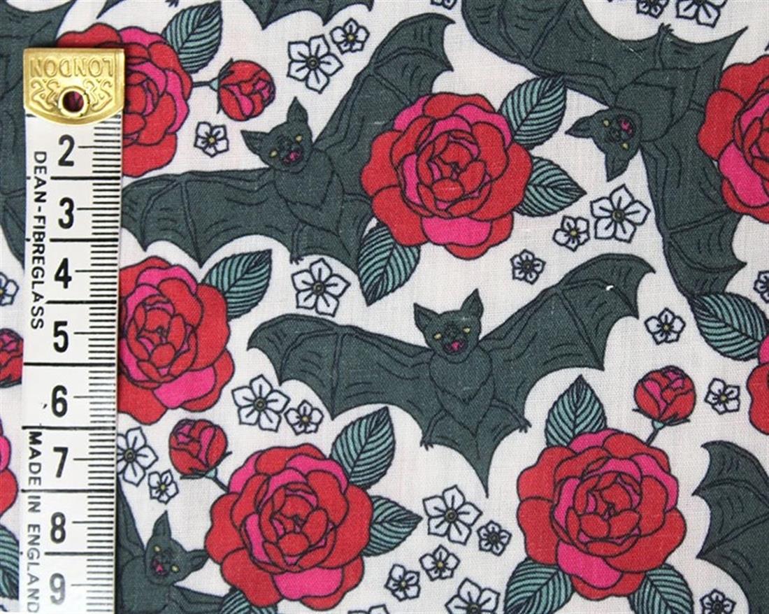 White MP Digital Halloween Polycotton Bats & Roses Mixing Polyester…