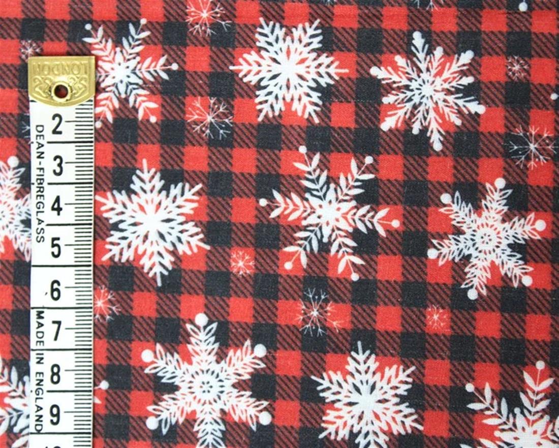 Red MP Digital Festive Polycotton Check Snowflakes Mixing Polyester…