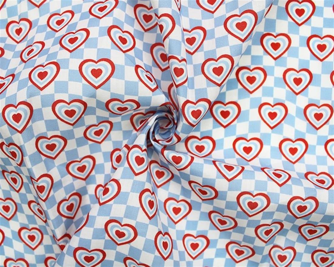 Blue MP Digital Polycotton Check Hearts A Lively Fabric
