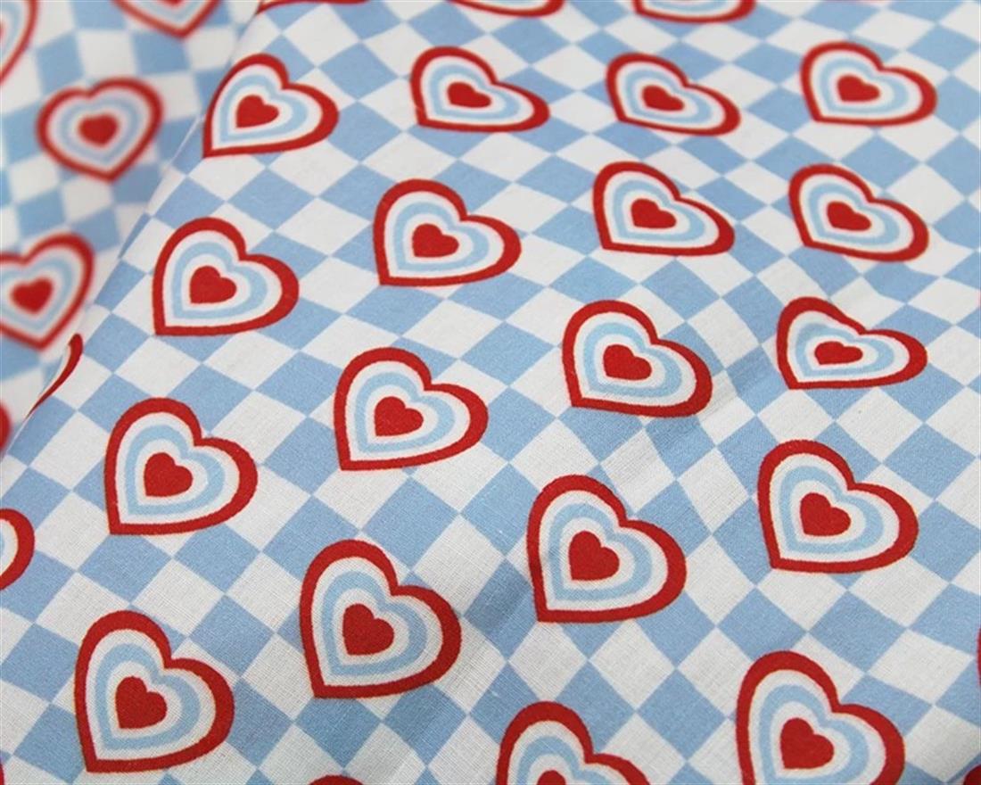 Blue MP Digital Polycotton Check Hearts A Lively Fabric