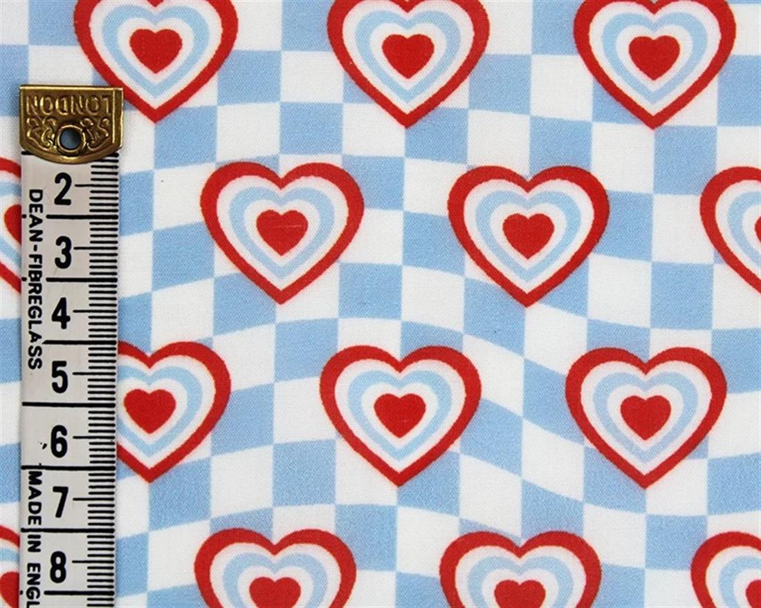 Blue MP Digital Polycotton Check Hearts A Lively Fabric