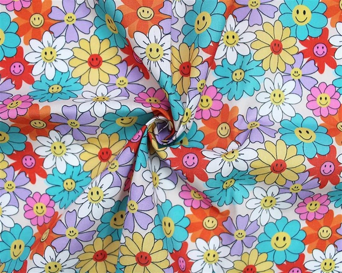 Beige MP Digital Polycotton Happy Flowers A Cheerful Fabric