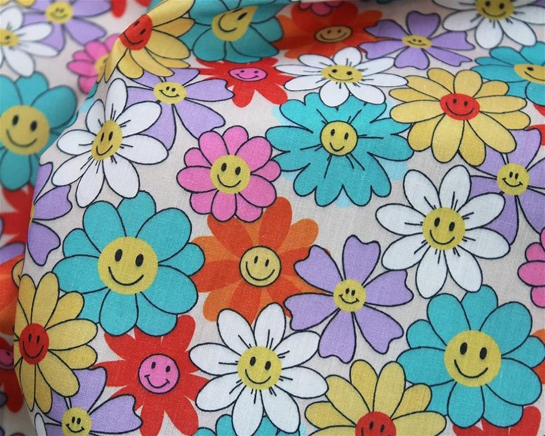 Beige MP Digital Polycotton Happy Flowers A Cheerful Fabric