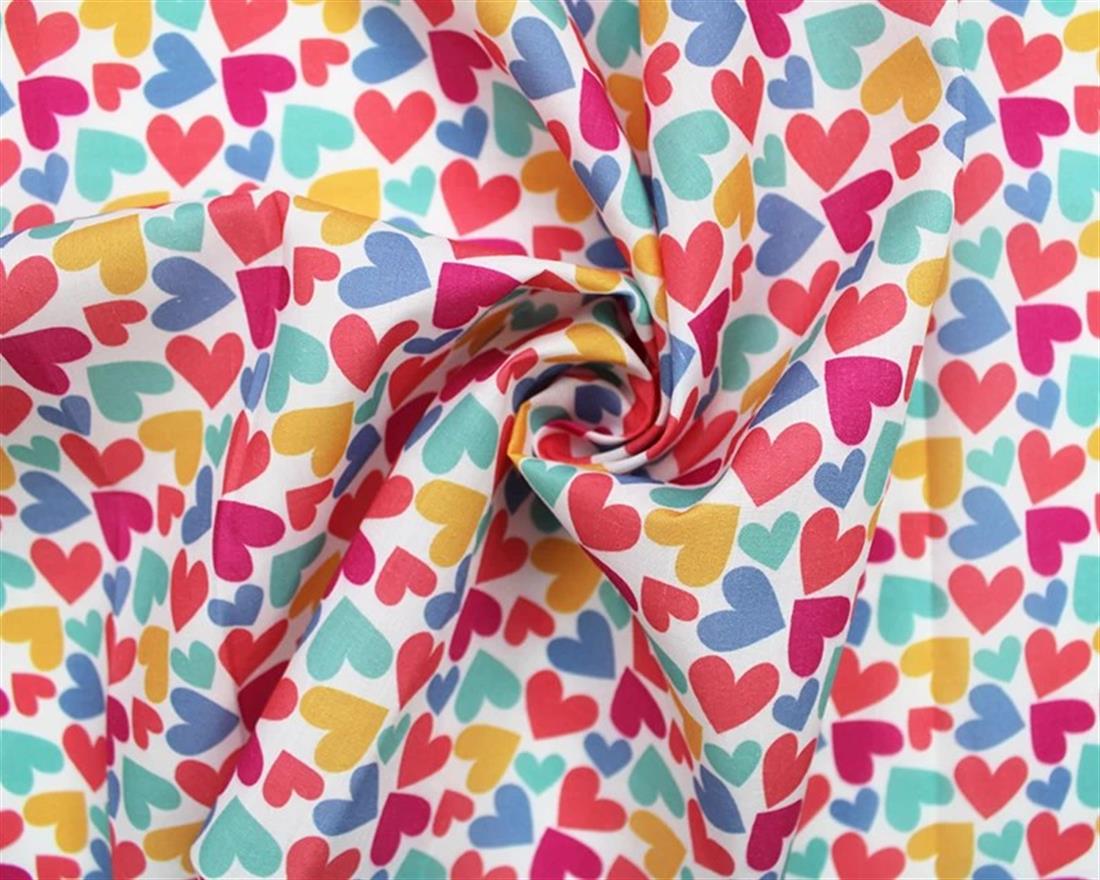 White Hearts Printed PolyCotton Fabric
